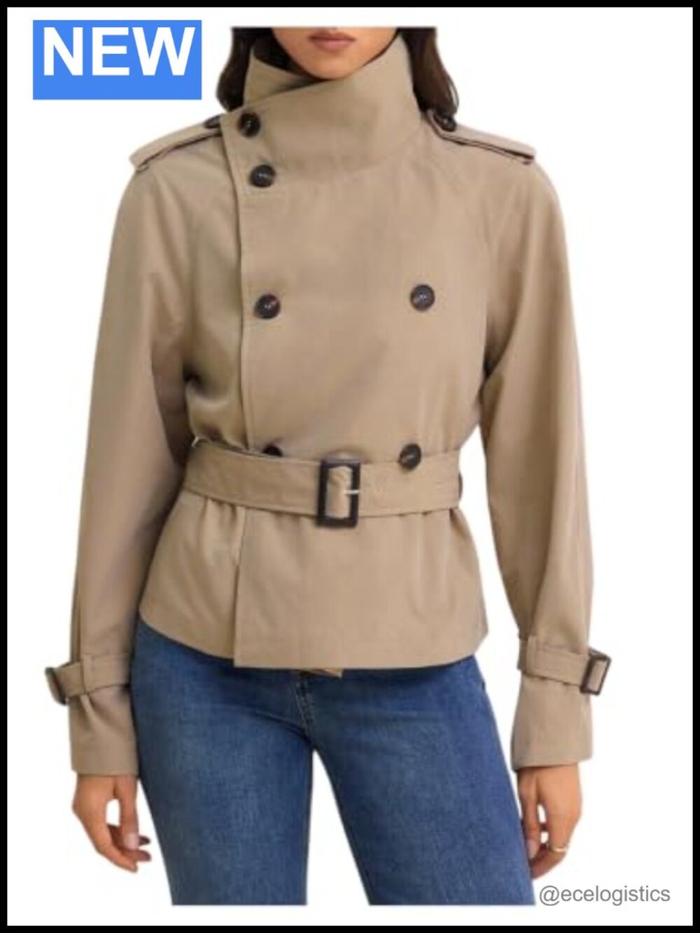 Women's Trench Coat High Neck Belted Short Jacket Long Sleeve